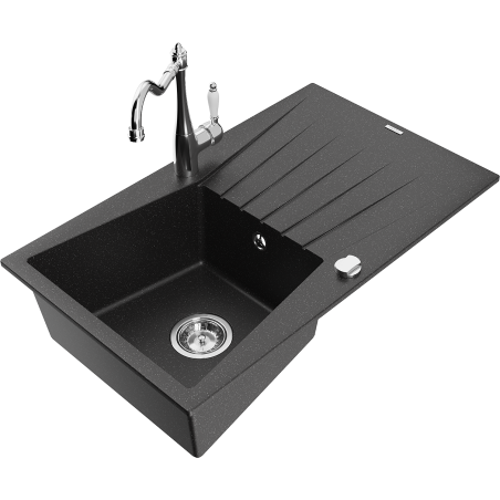 Mexen Cesar Granit-Spülbecken 1-flügelig mit Abtropffläche und Küchenarmatur Carla, schwarz/silber metallic - 6514-73-670700-00