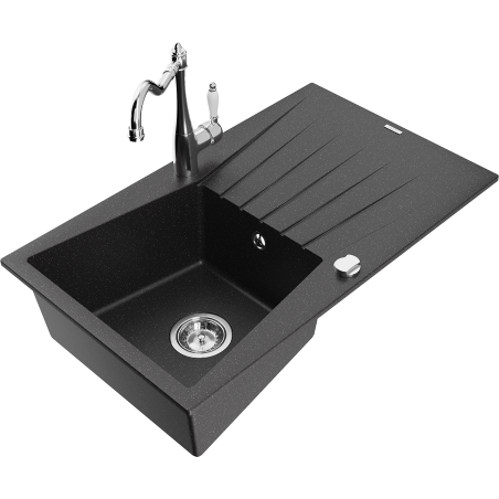 Mexen Cesar granitspüle 1-becken mit abtropffläche und küchenarmatur Carla, schwarz/silber metallic - 6514-73-670700-00