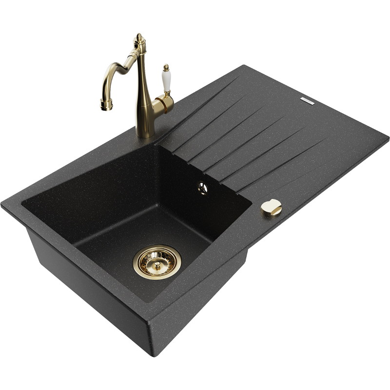 Mexen Cesar Granitspüle 1-becken mit Abtropffläche und Küchenarmatur Carla, schwarz/silber metallic - 6514-73-670700-50