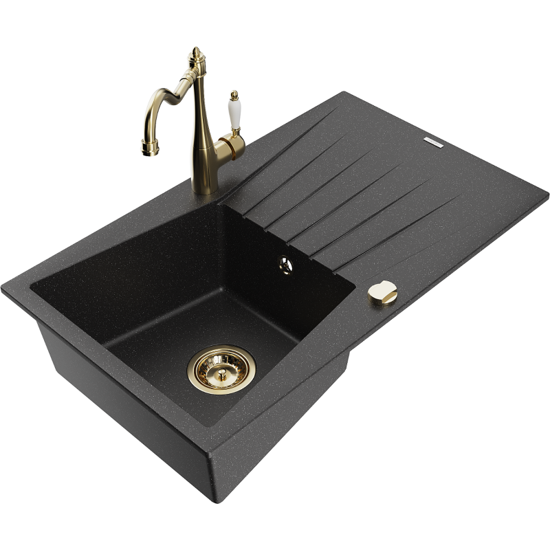 Mexen Cesar Granitspüle 1-beckig mit Abtropffläche und Küchenarmatur Carla, schwarz/silber metallic - 6514-73-670700-50