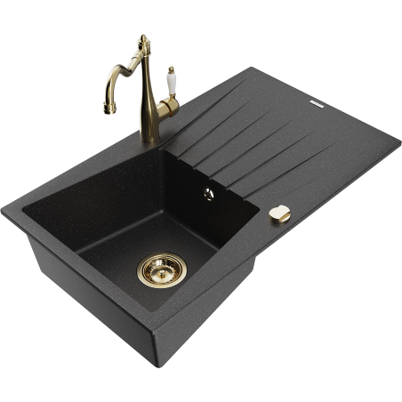 Mexen Cesar Granitspüle 1-beckig mit Abtropffläche und Küchenarmatur Carla, schwarz/silber metallic - 6514-73-670700-50