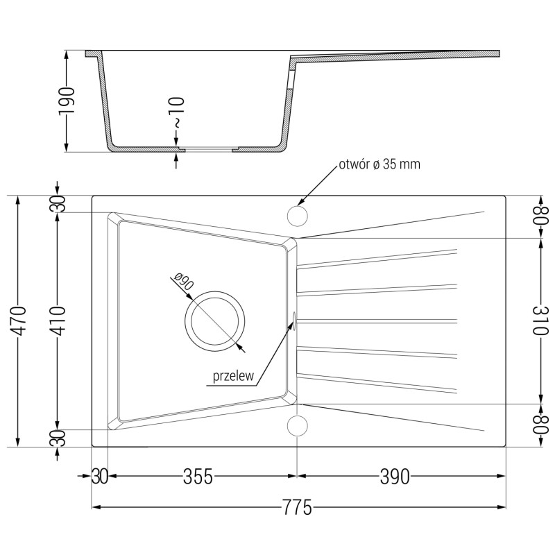 Mexen Cesar Granitspüle 1-becken mit Abtropffläche und Küchenarmatur Carla, schwarz/silber metallic - 6514-73-670700-50