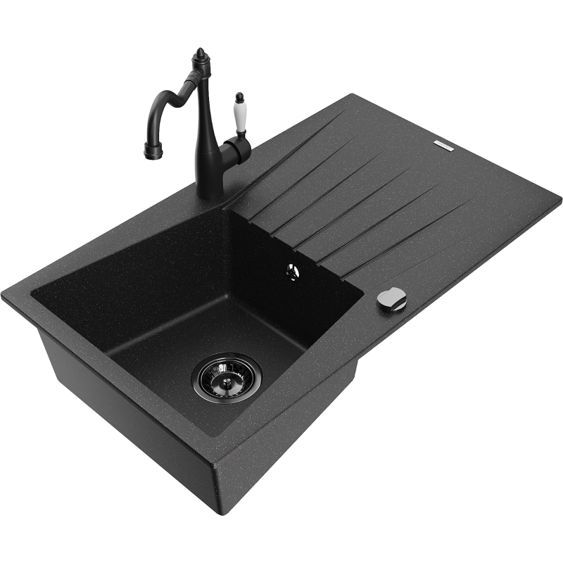 Mexen Cesar Granitspüle 1-Becken mit Abtropffläche und Küchenarmatur Carla, schwarz/silber metallic - 6514-73-670700-70-B