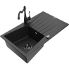 Mexen Cesar Granitspüle 1-Becken mit Abtropffläche und Küchenarmatur Carla, schwarz/silber metallic - 6514-73-670700-70-B