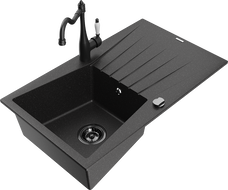 Mexen Cesar Granitspüle 1-Becken mit Abtropffläche und Küchenarmatur Carla, schwarz/silber metallic - 6514-73-670700-70-B
