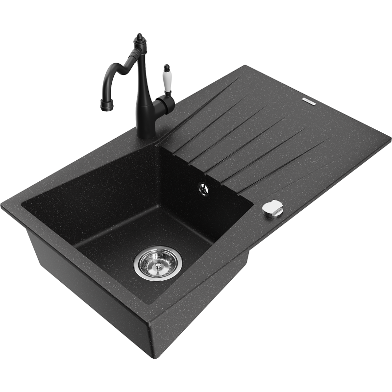 Mexen Cesar Granitspüle 1-Becken mit Abtropffläche und Küchenarmatur Carla, schwarz/silber metallic - 6514-73-670700-70