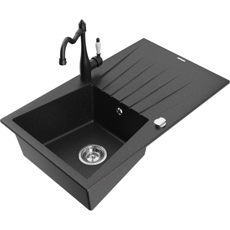 Mexen Cesar Granitspüle 1-Becken mit Abtropffläche und Küchenarmatur Carla, schwarz/silber metallic - 6514-73-670700-70