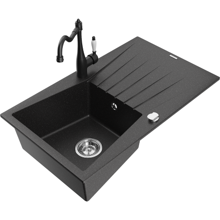 Mexen Cesar granitspüle mit 1 Becken, Abtropffläche und Küchenarmatur Carla, schwarz/silber-metallic - 6514-73-670700-70