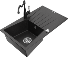 Mexen Cesar Granitspüle 1-Becken mit Abtropffläche und Küchenarmatur Carla, schwarz/silber metallic - 6514-73-670700-70