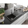 Mexen Cesar Granitspüle 1-beckig mit Abtropffläche und Küchenarmatur Carla, schwarz/gold metallic - 6514-75-670700-00