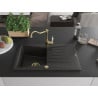 Mexen Cesar Granitspüle mit einer Kammer und Abtropffläche sowie Küchenarmatur Carla, schwarz/gold metallic - 6514-75-670700-50