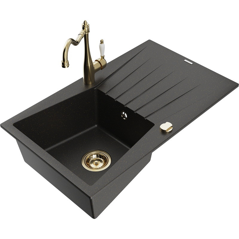 Mexen Cesar Granitspüle mit 1 Becken, Abtropffläche und Küchenarmatur Carla, schwarz/gold-metallic - 6514-75-670700-50