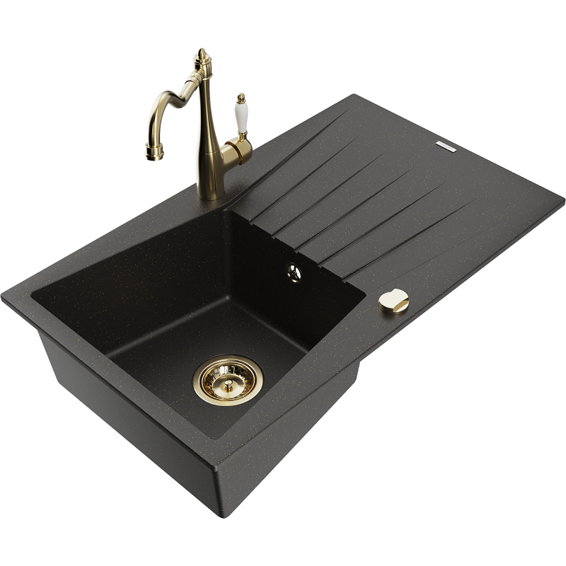 Mexen Cesar Granitspüle mit einer Kammer und Abtropffläche sowie Küchenarmatur Carla, schwarz/gold metallic - 6514-75-670700-50