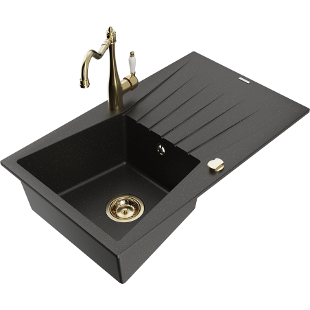 Mexen Cesar Granitspüle 1-Becken mit Abtropffläche und Küchenarmatur Carla, schwarz/gold metallic - 6514-75-670700-50