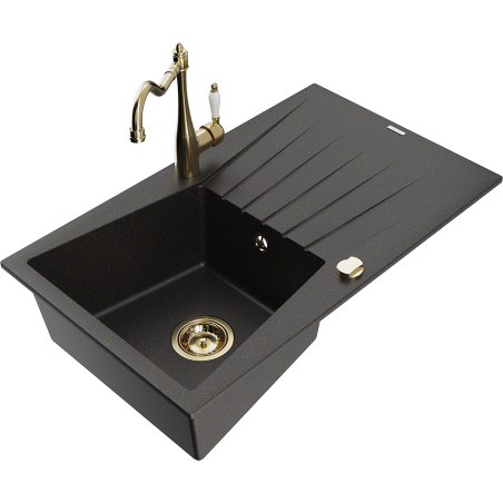 Mexen Cesar Granitspüle mit einer Kammer und Abtropffläche sowie Küchenarmatur Carla, schwarz/gold metallic - 6514-75-670700-50