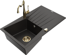 Mexen Cesar Granitspüle mit einer Kammer und Abtropffläche sowie Küchenarmatur Carla, schwarz/gold metallic - 6514-75-670700-50