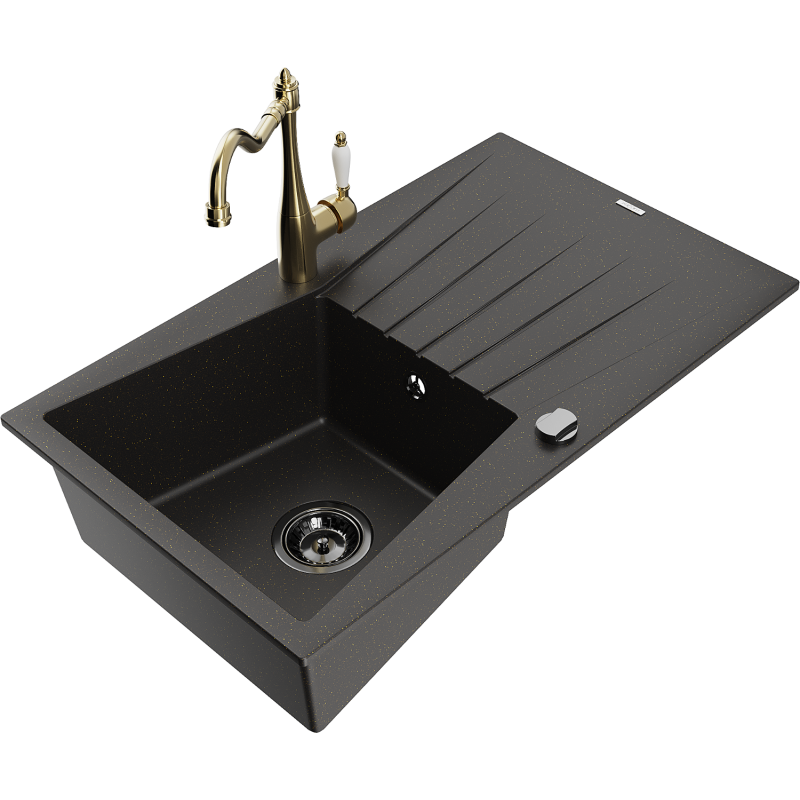 Mexen Cesar Granitspüle 1-Becken mit Abtropffläche und Küchenarmatur Carla, schwarz/gold metallic - 6514-75-670700-50-B