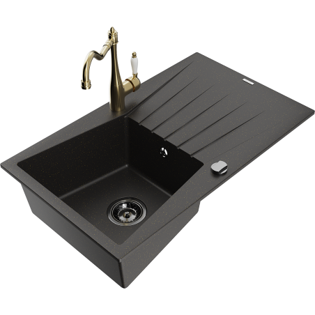 Mexen Cesar Granitspüle 1-Becken mit Abtropffläche und Küchenarmatur Carla, schwarz/gold metallic - 6514-75-670700-50-B