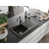 Mexen Cesar Granitspüle 1-becken mit Abtropffläche und Küchenarmatur Carla, schwarz/gold-metallic - 6514-75-670700-70