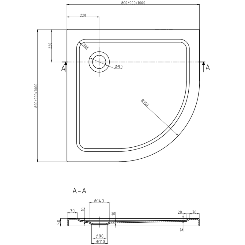 Mexen Flat Slim Duschwanne halbkreisförmig 80 x 80 cm, weiß, goldener Siphon - 41108080G