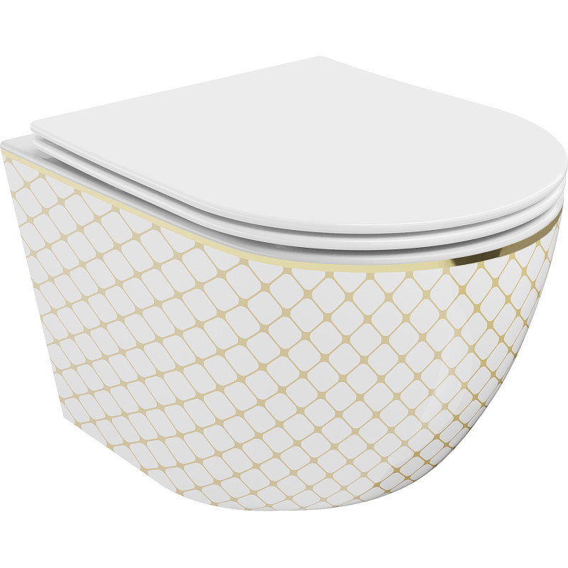 Mexen Lena WC-Schüssel Rimless mit Slim-Absenkautomatik, Duroplast, weiß/goldenes Karomuster - 30224009