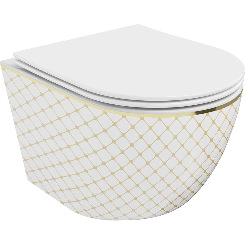 Mexen Lena WC-Schüssel Rimless mit Soft-Close Slim Sitz, Duroplast, weiß/goldenes Karo-Muster - 30224009