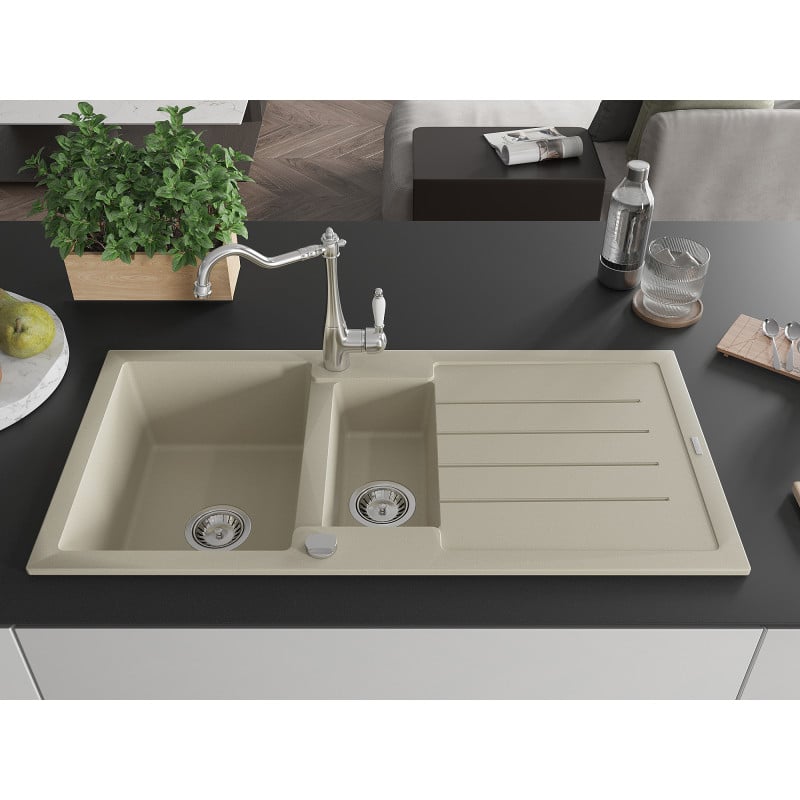 Mexen Andres Granitspüle 1,5-Becken mit Abtropffläche und Küchenarmatur Carla, beige - 6515-69-670700-00