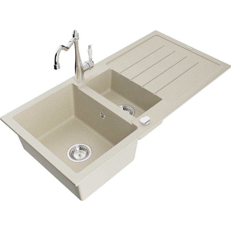 Mexen Andres Granitspüle 1,5-Becken mit Abtropffläche und Küchenarmatur Carla, beige - 6515-69-670700-00