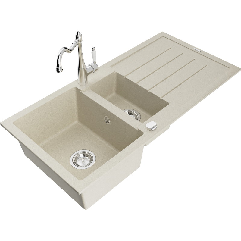 Mexen Andres granitspüle 1,5-beckig mit abtropffläche und küchenarmatur Carla, beige - 6515-69-670700-00