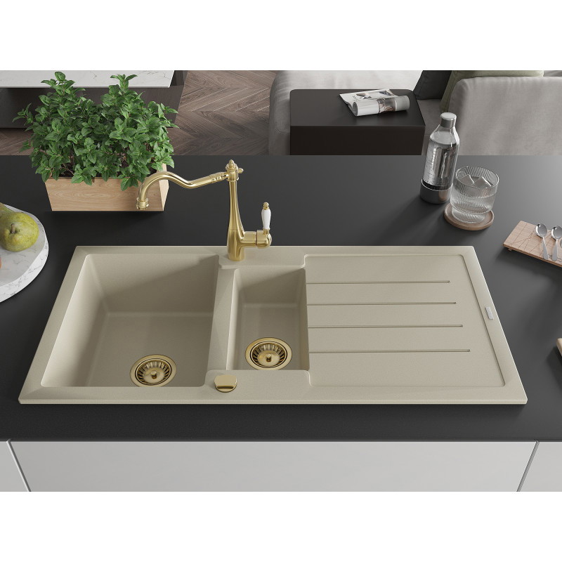 Mexen Andres Granitküchenspüle 1,5-Kammer mit Abtropffläche und Küchenarmatur Carla, beige - 6515-69-670700-50
