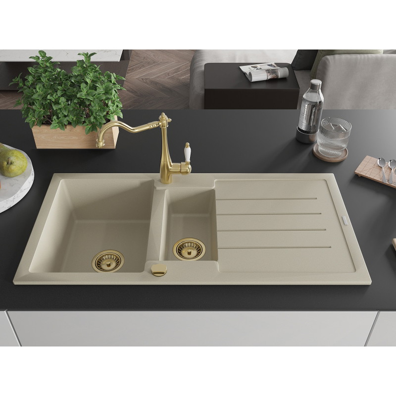 Mexen Andres Granitspüle 1,5 Becken mit Abtropffläche und Küchenarmatur Carla, beige - 6515-69-670700-50