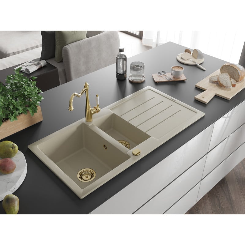 Mexen Andres Granitküchenspüle 1,5-Kammer mit Abtropffläche und Küchenarmatur Carla, beige - 6515-69-670700-50