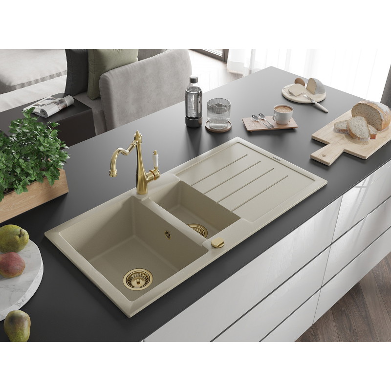 Mexen Andres Granitspüle 1,5 Becken mit Abtropffläche und Küchenarmatur Carla, beige - 6515-69-670700-50