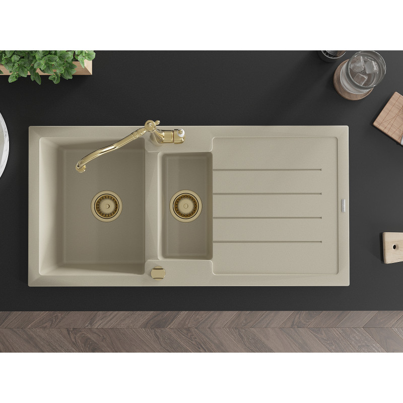 Mexen Andres Granitküchenspüle 1,5-Kammer mit Abtropffläche und Küchenarmatur Carla, beige - 6515-69-670700-50