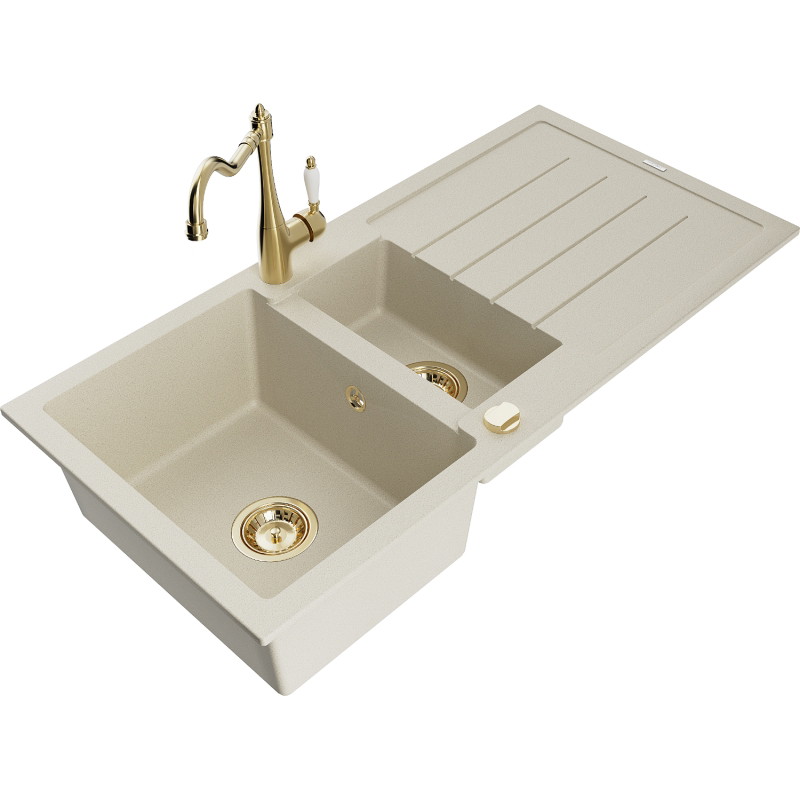 Mexen Andres Granitspüle 1,5 Becken mit Abtropffläche und Küchenarmatur Carla, beige - 6515-69-670700-50