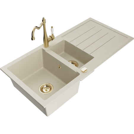Mexen Andres Granitküchenspüle 1,5-Kammer mit Abtropffläche und Küchenarmatur Carla, beige - 6515-69-670700-50