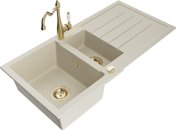 Mexen Andres Granitspüle 1,5-Becken mit Abtropffläche und Küchenarmatur Carla, beige - 6515-69-670700-50