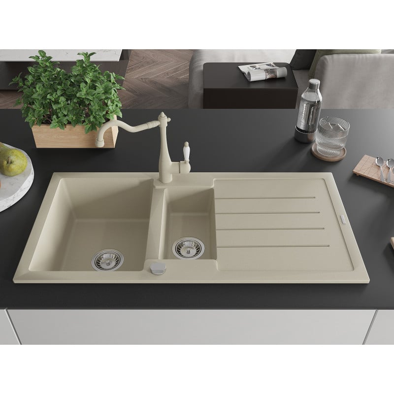 Mexen Andres Granitspüle 1,5-Becken mit Abtropffläche und Küchenarmatur Carla, beige - 6515-69-670700-69