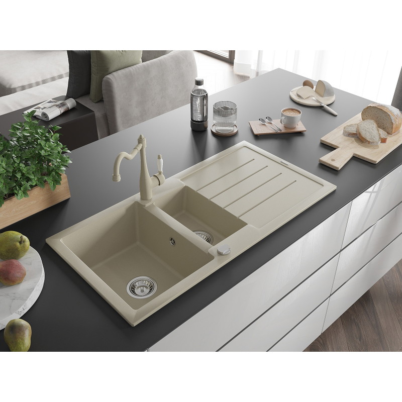 Mexen Andres granitspüle 1,5-beckig mit abtropffläche und küchenarmatur Carla, beige - 6515-69-670700-69