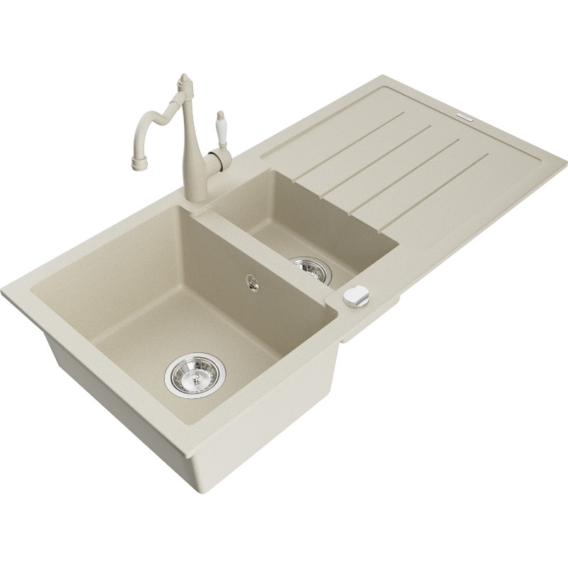Mexen Andres granitspüle 1,5-beckig mit abtropffläche und küchenarmatur Carla, beige - 6515-69-670700-69