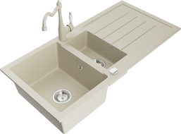 Mexen Andres Granitspüle 1,5-Becken mit Abtropffläche und Küchenarmatur Carla, beige - 6515-69-670700-69