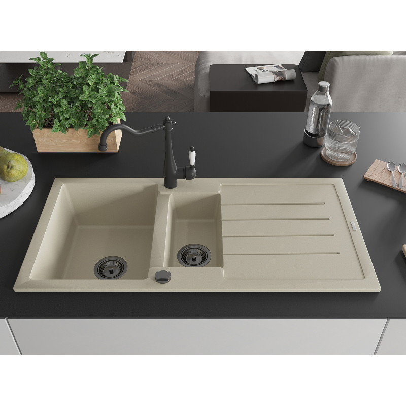 Mexen Andres 1,5-Becken Granitspüle mit Abtropffläche und Küchenarmatur Carla, beige - 6515-69-670700-70