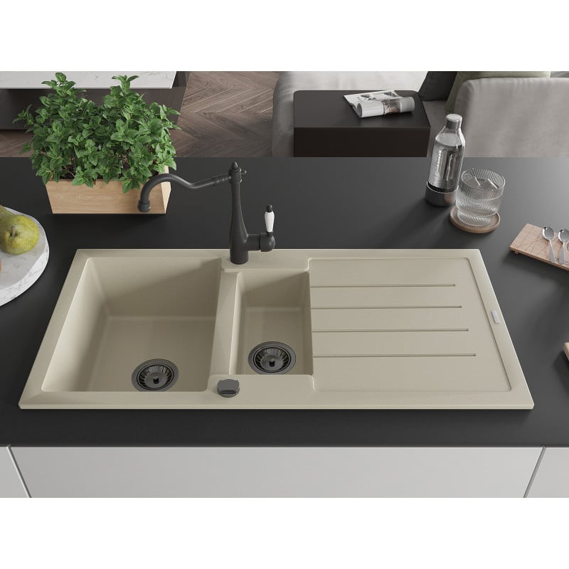 Mexen Andres Granitspüle 1,5-Kammern mit Abtropffläche und Küchenarmatur Carla, beige - 6515-69-670700-70