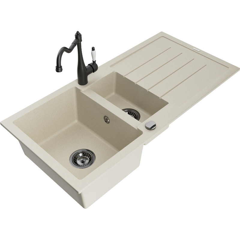 Mexen Andres Granitspüle 1,5-beckig mit Abtropffläche und Küchenarmatur Carla, beige - 6515-69-670700-70