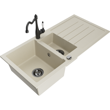 Mexen Andres Granitspüle 1,5-beckig mit Abtropffläche und Küchenarmatur Carla, beige - 6515-69-670700-70