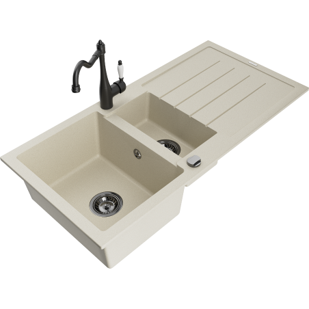Mexen Andres Granitspüle 1,5-Kammern mit Abtropffläche und Küchenarmatur Carla, beige - 6515-69-670700-70