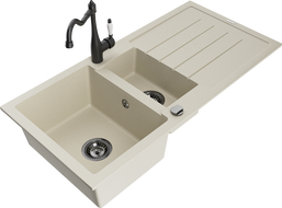 Mexen Andres Granitspüle 1,5-Kammern mit Abtropffläche und Küchenarmatur Carla, beige - 6515-69-670700-70