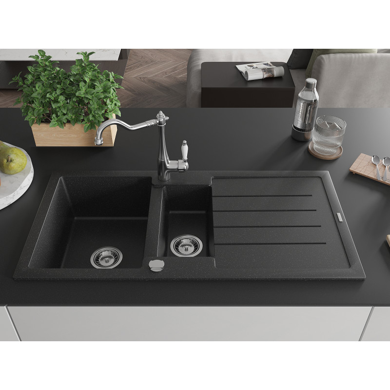 Mexen Andres Granitspüle 1,5-Becken mit Abtropffläche und Küchenarmatur Carla, schwarz/silber - 6515-73-670700-00