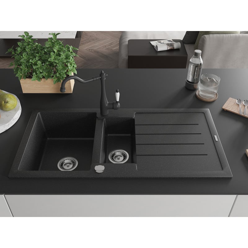 Mexen Andres Granitspüle 1,5-Becken mit Abtropffläche und Küchenarmatur Carla, schwarz/silber - 6515-73-670700-70