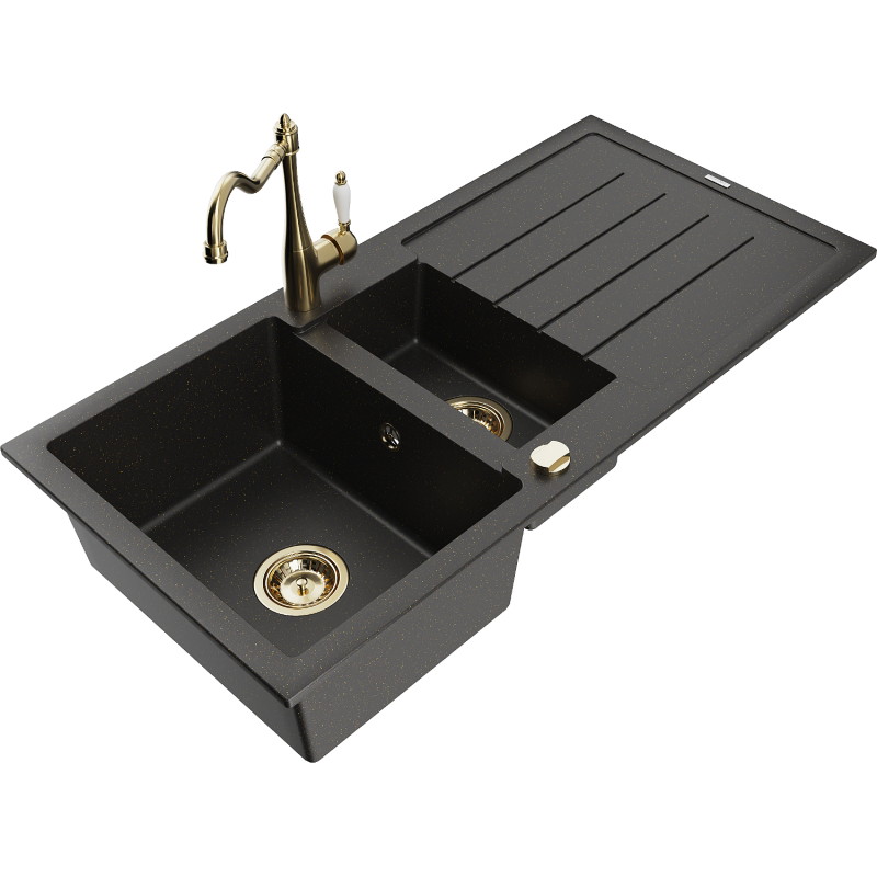 Mexen Andres Granitspüle 1,5-Becken mit Abtropffläche und Küchenarmatur Carla, schwarz/goldenes Metallic - 6515-75-670700-50